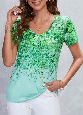 Leaf Print Lightweigh Green V Neck T Shirt