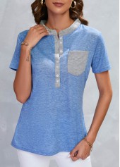 Blue Stand Collar Short Sleeve Pocket T Shirt