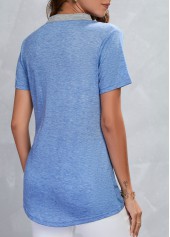 Blue Stand Collar Short Sleeve Pocket T Shirt