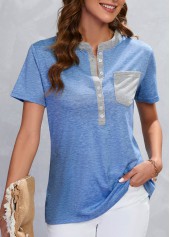 Blue Stand Collar Short Sleeve Pocket T Shirt