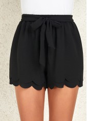 Drawstring Belted Black Elastic Waist Shorts