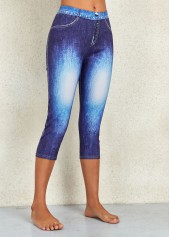 Flag Print Denim Blue Elastic Waist Leggings