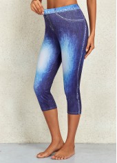 Flag Print Denim Blue Elastic Waist Leggings