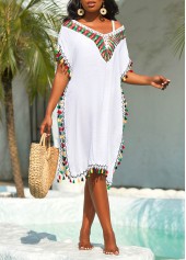Tassel White Patchwork Weave Cover Up