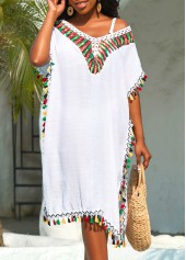 Tassel White Patchwork Weave Cover Up