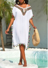 Tassel White Patchwork Weave Cover Up