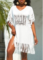 Letter Print Tassel White Cover Up