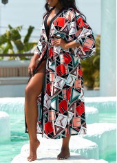 Geometric Print Drawstring Multi Color Cover Up