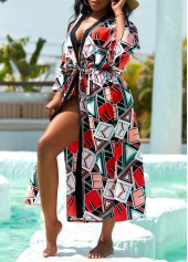 Geometric Print Drawstring Multi Color Cover Up