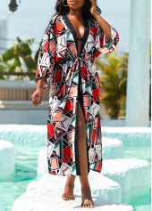 Geometric Print Drawstring Multi Color Cover Up