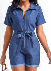 Pocket Belted Denim Blue Short Romper