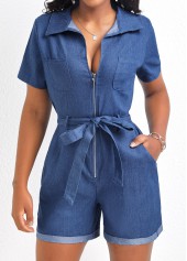 Pocket Belted Denim Blue Short Romper