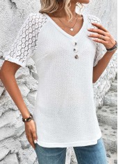 White V Neck Short Sleeve Patchwork T Shirt