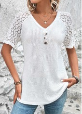 White V Neck Short Sleeve Patchwork T Shirt