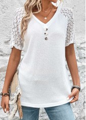 White V Neck Short Sleeve Patchwork T Shirt