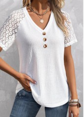 White V Neck Short Sleeve Patchwork T Shirt
