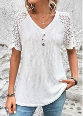 White V Neck Short Sleeve Patchwork T Shirt