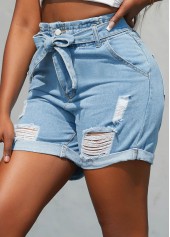Hole Belted Pocket Zipper Fly Denim Shorts