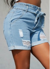 Hole Belted Pocket Zipper Fly Denim Shorts