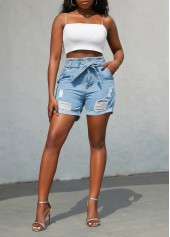 Hole Belted Pocket Zipper Fly Denim Shorts