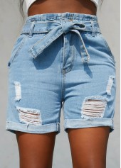 Hole Belted Pocket Zipper Fly Denim Shorts