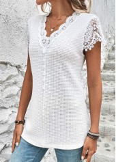 White V Neck Short Sleeve Lace T Shirt