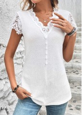 White V Neck Short Sleeve Lace T Shirt