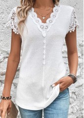 White V Neck Short Sleeve Lace T Shirt