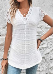 White V Neck Short Sleeve Lace T Shirt