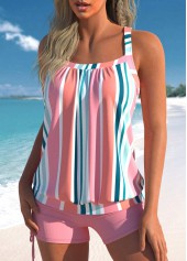 Multi Stripe Print Pink Wide Strap Tankini Set