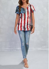 American Flag Print Zipper Multi Color T Shirt