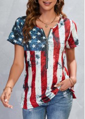 American Flag Print Zipper Multi Color T Shirt