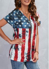 American Flag Print Zipper Multi Color T Shirt