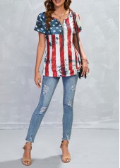 American Flag Print Zipper Multi Color T Shirt