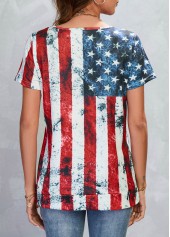American Flag Print Zipper Multi Color T Shirt