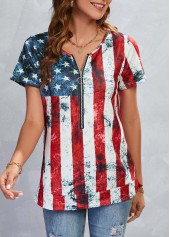 American Flag Print Zipper Multi Color T Shirt