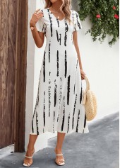 Striped Split White A Line V Neck Dress | Rosewe.com - USD $31.98