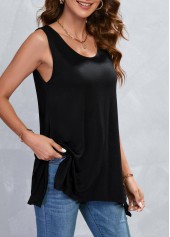 Scoop Neck Handkerchief Hem Black Tank Top