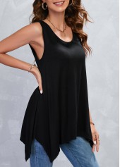 Scoop Neck Handkerchief Hem Black Tank Top