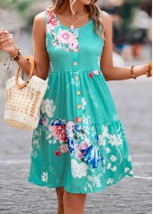 Floral Print Button Mint Green Short Dress