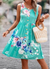 Floral Print Button Mint Green Short Dress