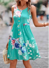 Floral Print Button Mint Green Short Dress