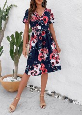 Floral Print Patchwork Navy V Neck Dress