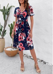 Floral Print Patchwork Navy V Neck Dress