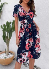 Floral Print Patchwork Navy V Neck Dress