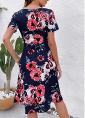 Floral Print Patchwork Navy V Neck Dress