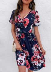 Floral Print Patchwork Navy V Neck Dress