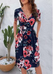 Floral Print Patchwork Navy V Neck Dress