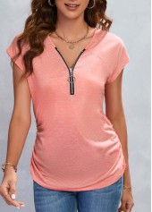 Pink V Neck Short Sleeve Zipper T Shirt