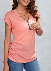 Pink V Neck Short Sleeve Zipper T Shirt